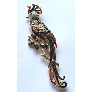 Vintage Enamel Rhinestone Bird Of Paradise Brooch Tropical Bird Gold Tone